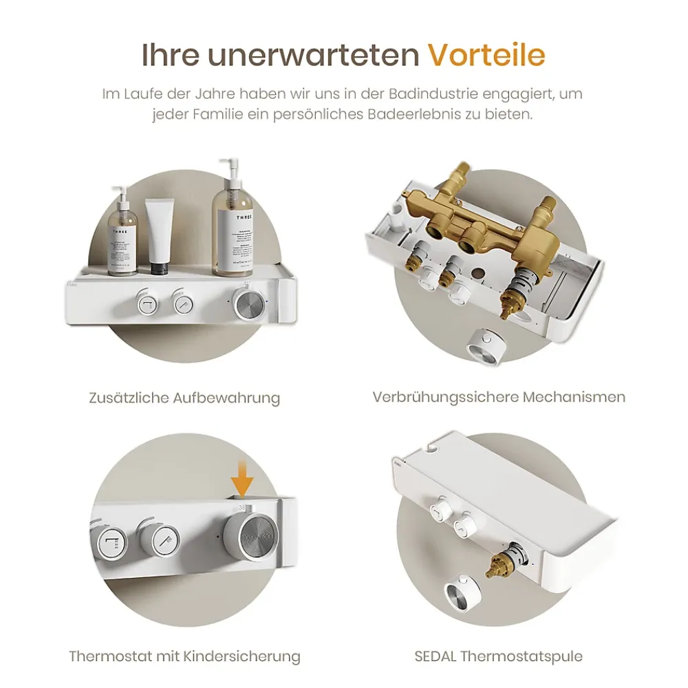 Colonne De Douche Thermostatique|EMKE Colonne de Douche Thermostatique, Débit d'Eau Ajustable, Douchette 3 Fonctions, Kit de Douche, Blanc