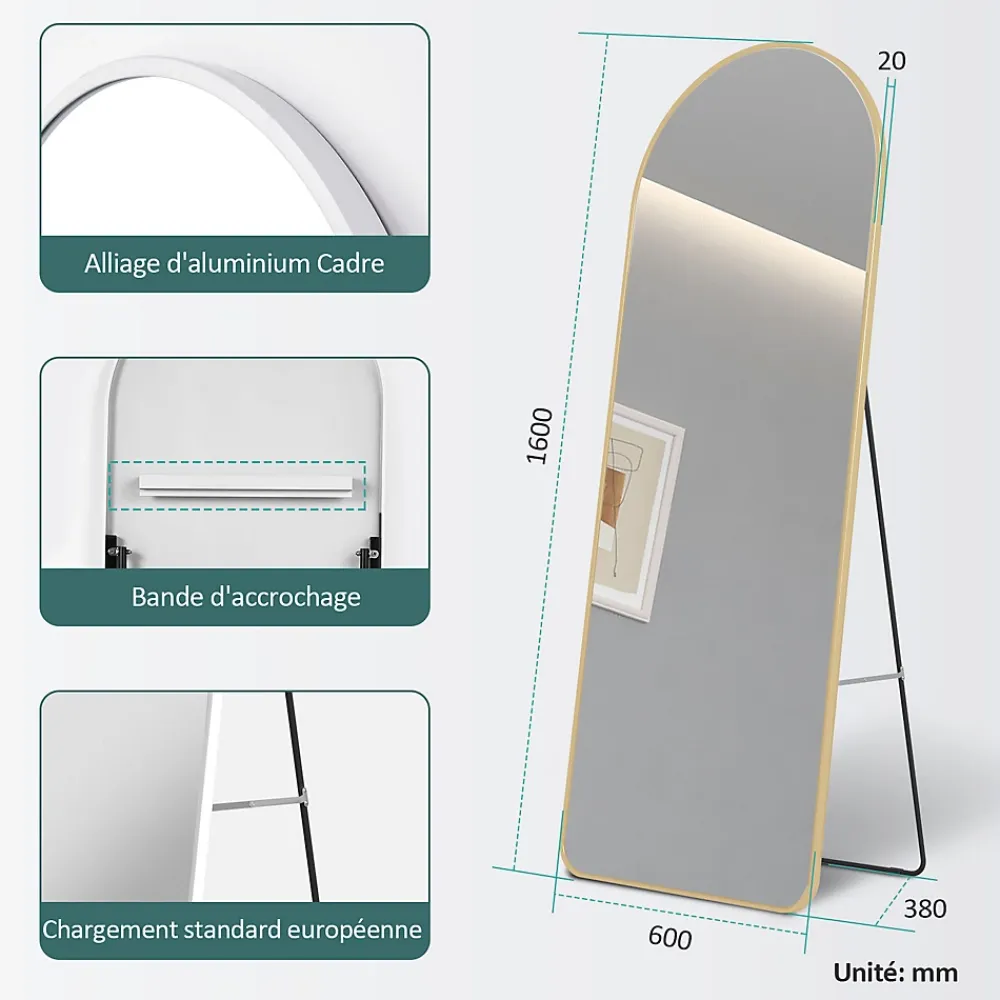 EMKE Grand miroir intégral avec cadre en aluminium doré, 160 x 60 cm, sur pied ou mural