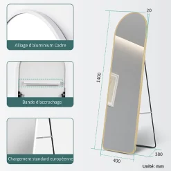 Miroir Simple|EMKE Grand miroir intégral avec cadre en aluminium doré, 140 x 40 cm, sur pied ou mural