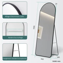 EMKE Grand miroir intégral avec cadre en aluminium noir, 160 x 60 cm, sur pied ou mural
