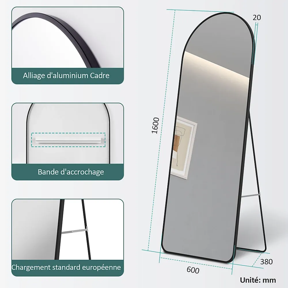 EMKE Grand miroir intégral avec cadre en aluminium noir, 160 x 60 cm, sur pied ou mural