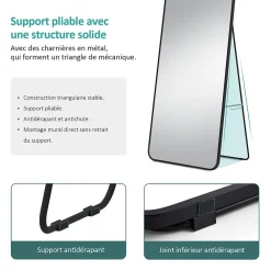 EMKE Grand miroir intégral avec cadre en aluminium noir, 160 x 60 cm, sur pied ou mural