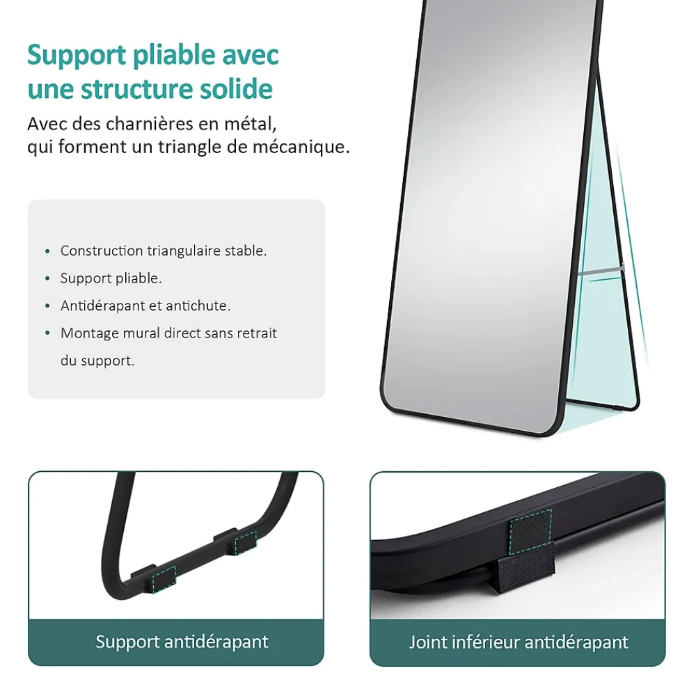 EMKE Grand miroir intégral avec cadre en aluminium noir, 160 x 60 cm, sur pied ou mural