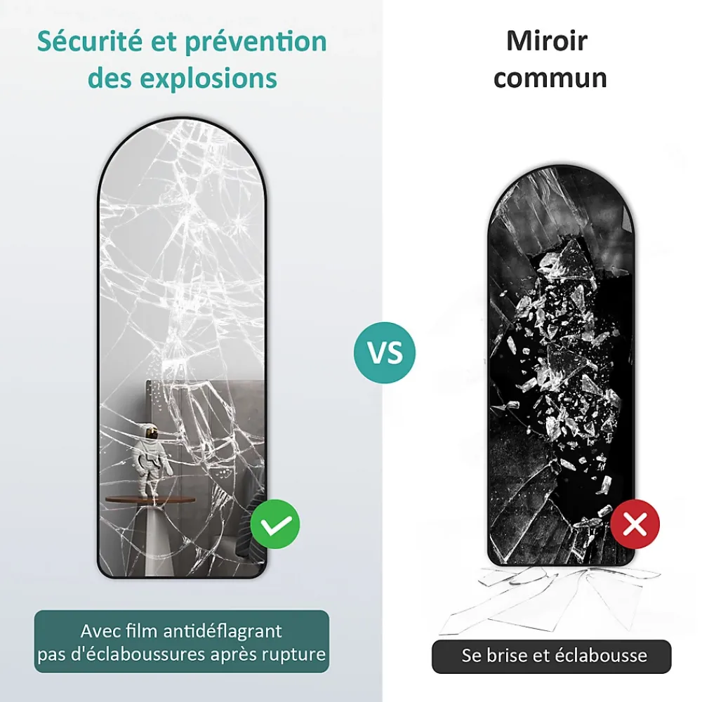 EMKE Grand miroir intégral avec cadre en aluminium noir, 160 x 60 cm, sur pied ou mural