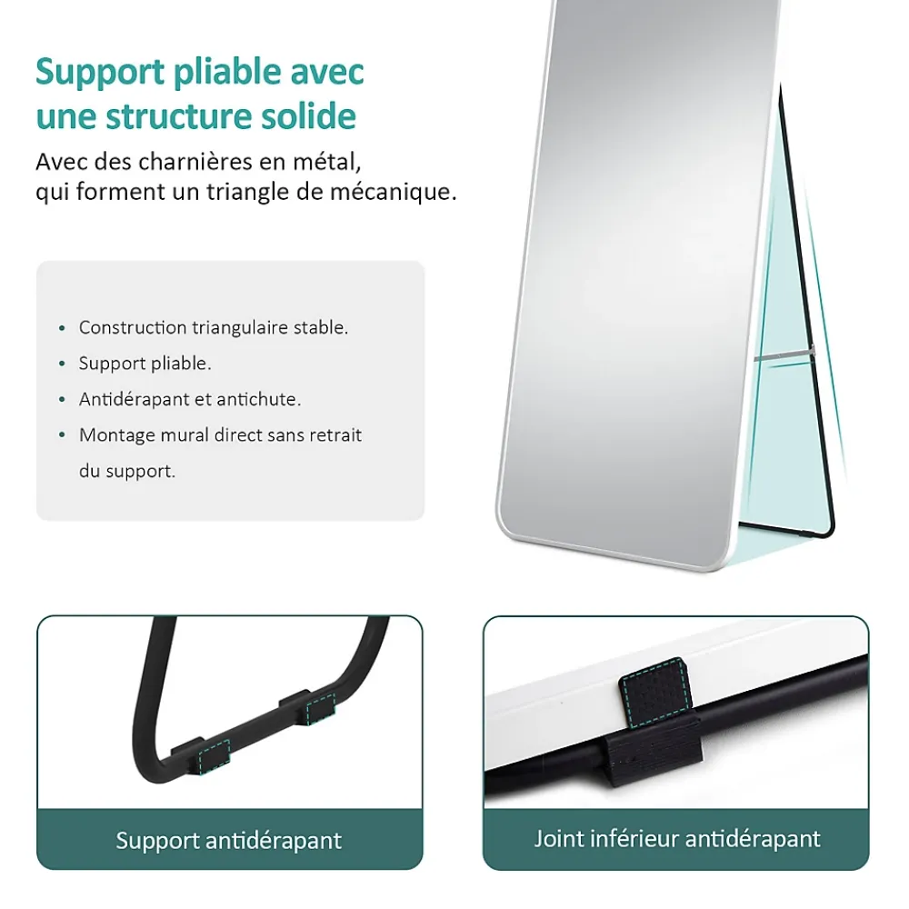 EMKE Grand miroir intégral avec cadre en aluminium blanc, 140 x 40 cm, sur pied ou mural