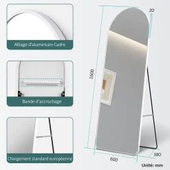 EMKE Grand miroir intégral avec cadre en aluminium blanc, 160 x 60 cm, sur pied ou mural