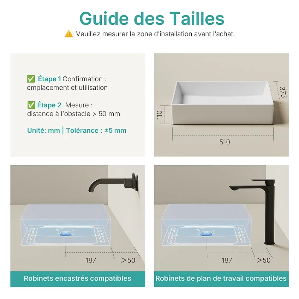 Vasque À Poser|EMKE Lavabo en Céramique Blanc 510x370x110 mm, Vasque Carrée, Posable