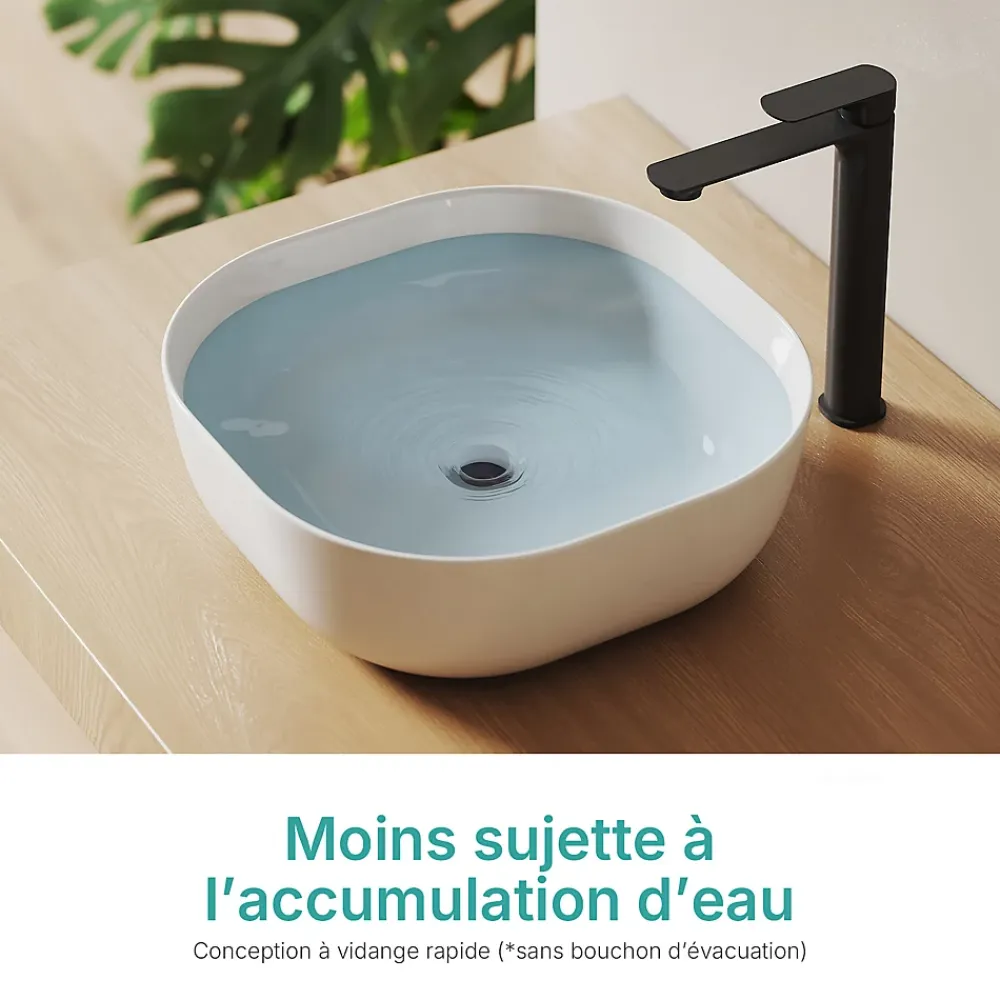 EMKE Lavabo en Céramique Blanche 415x415x145 mm, Vasque à Poser Carrée sans Trou de Robinet