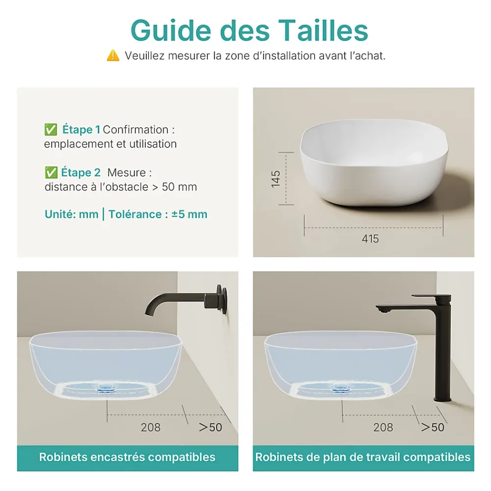 EMKE Lavabo en Céramique Blanche 415x415x145 mm, Vasque à Poser Carrée sans Trou de Robinet