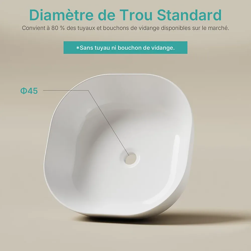 EMKE Lavabo en Céramique Blanche 415x415x145 mm, Vasque à Poser Carrée sans Trou de Robinet