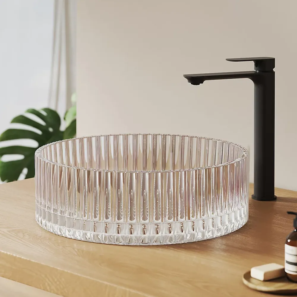 EMKE Lavabo en Verre Trempé Rond à Poser 400x400x120 mm, Vasque Salle de Bain, Irisé