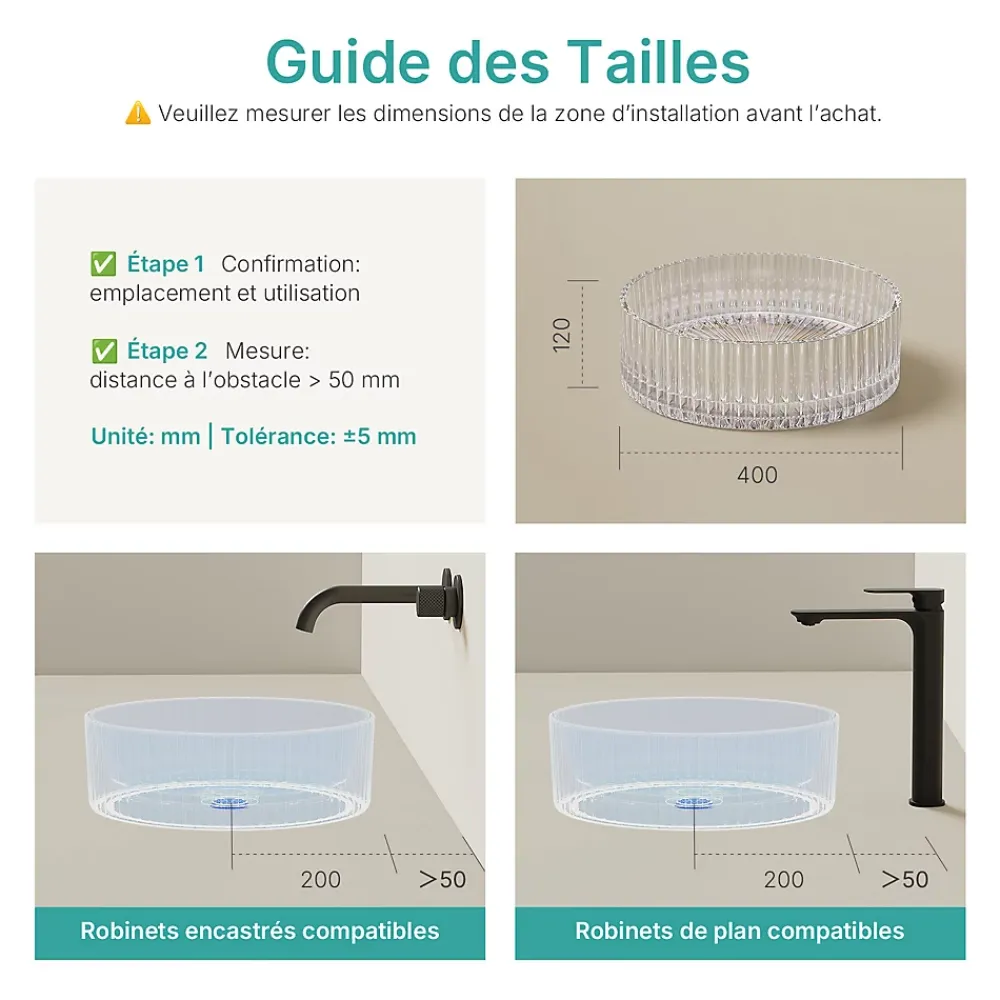 EMKE Lavabo en Verre Trempé Rond à Poser 400x400x120 mm, Vasque Salle de Bain, Irisé