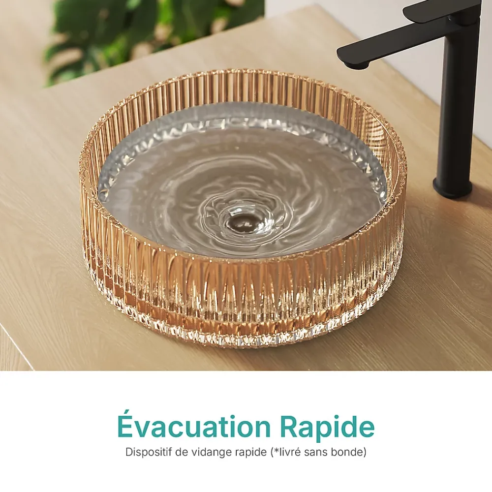 EMKE Lavabo en Verre Trempé Rond à Poser 400x400x120 mm, Vasque Salle de Bain, Rose Gold