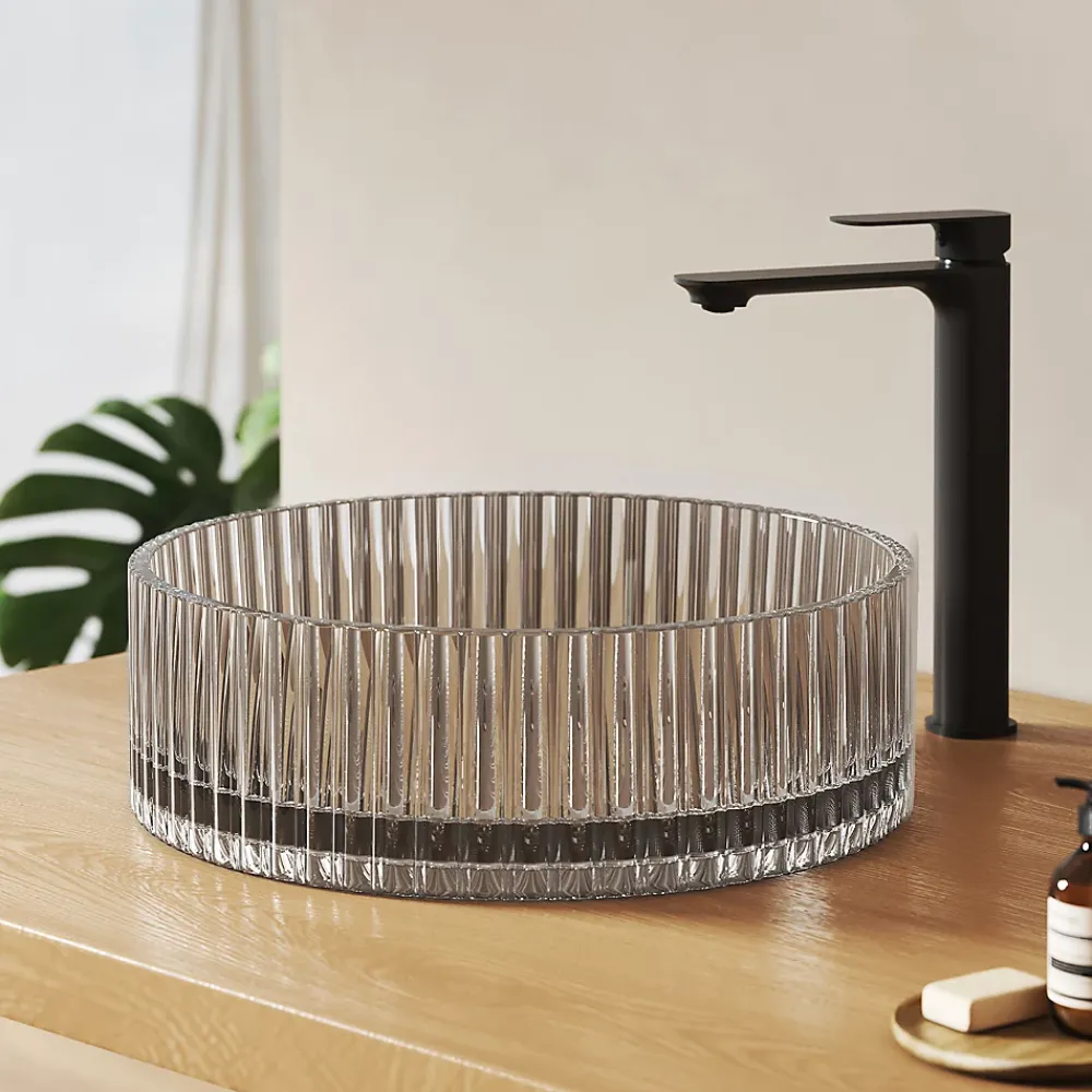 EMKE Lavabo en Verre Trempé Rond à Poser 400x400x120 mm, Vasque Salle de Bain, Gris Transparent