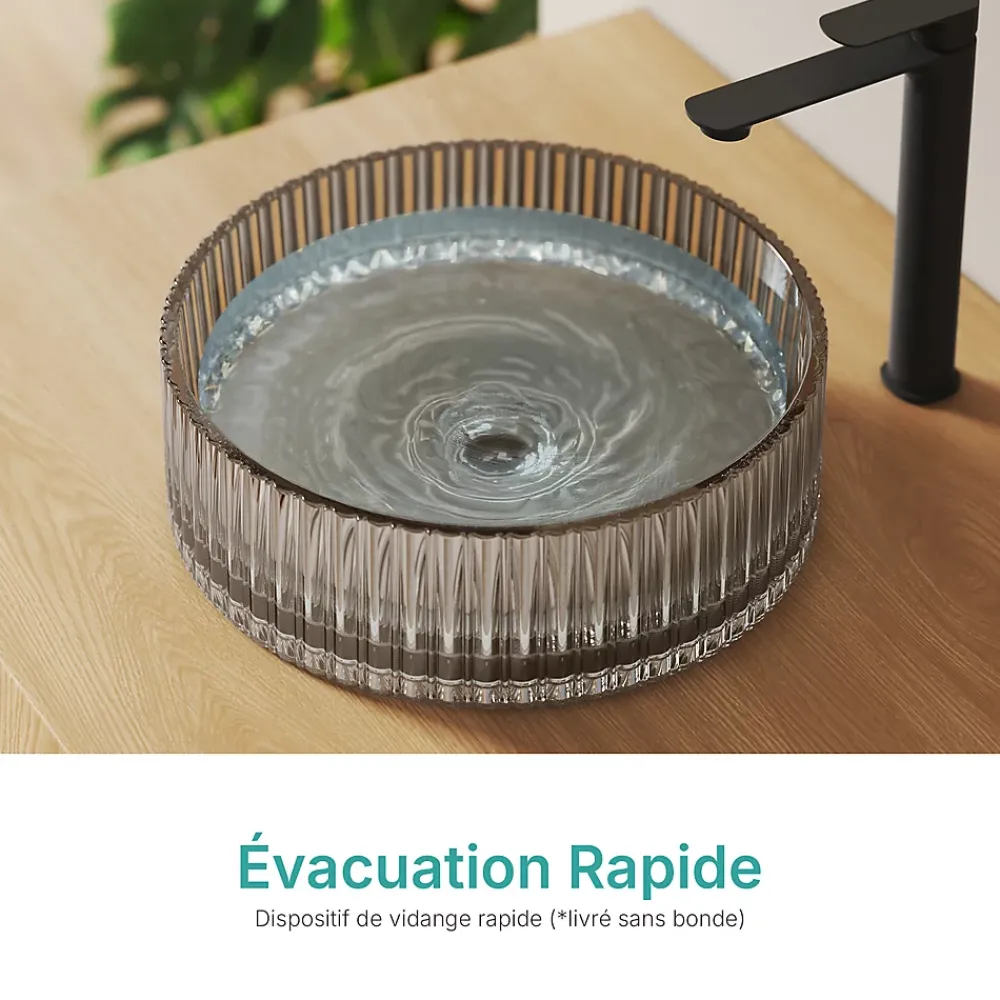 EMKE Lavabo en Verre Trempé Rond à Poser 400x400x120 mm, Vasque Salle de Bain, Gris Transparent