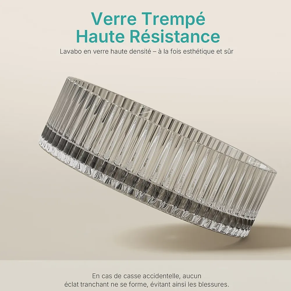 EMKE Lavabo en Verre Trempé Rond à Poser 400x400x120 mm, Vasque Salle de Bain, Gris Transparent