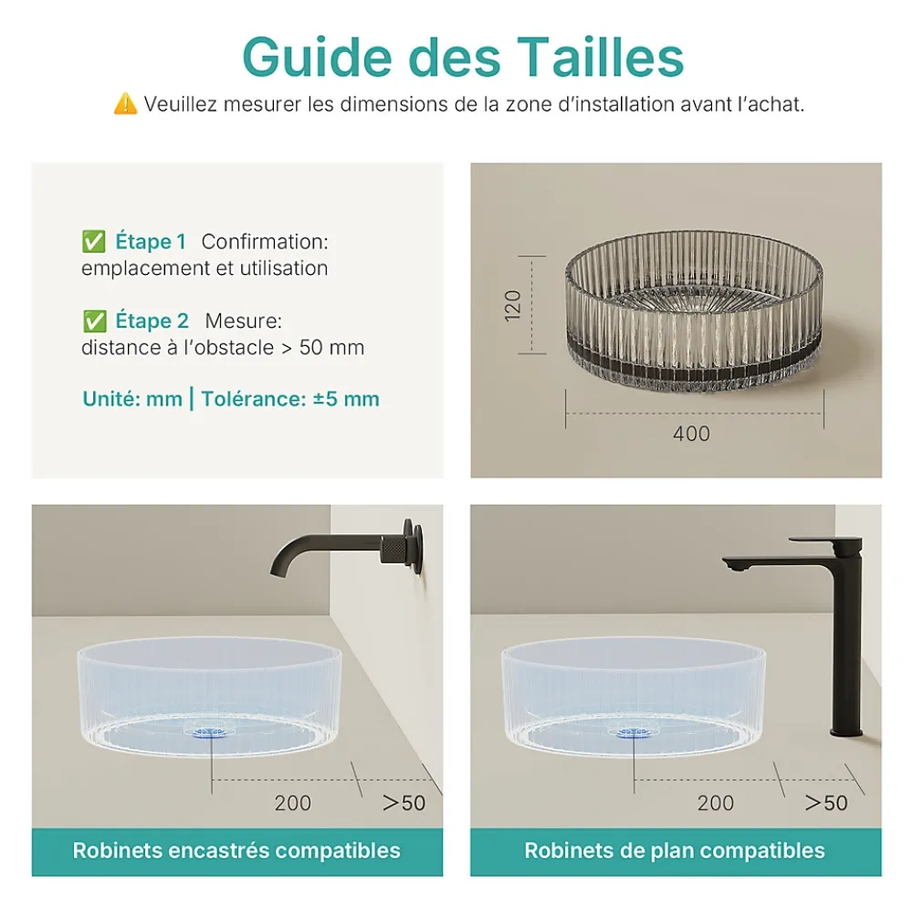 EMKE Lavabo en Verre Trempé Rond à Poser 400x400x120 mm, Vasque Salle de Bain, Gris Transparent