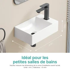 EMKE Lavabo Mural en Céramique 38x22x10cm, Blanc Brillant, Vasque Murale Carrée avec Trou pour Robinet