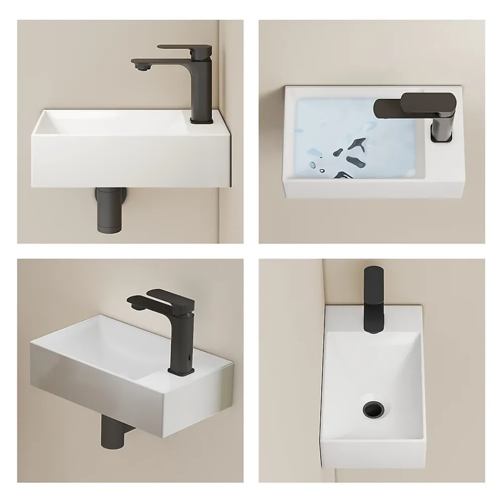 EMKE Lavabo Mural en Céramique 38x22x10cm, Blanc Brillant, Vasque Murale Carrée avec Trou pour Robinet
