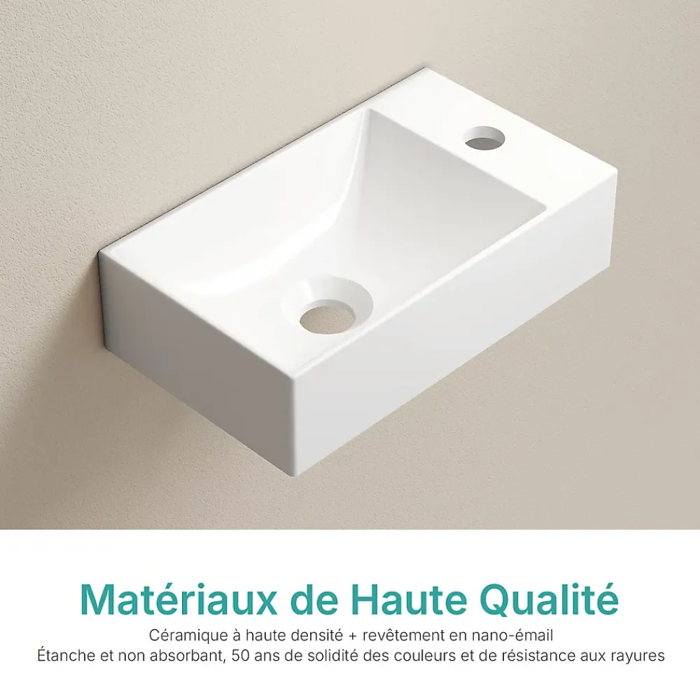 EMKE Lavabo Mural en Céramique 38x22x10cm, Blanc Brillant, Vasque Murale Carrée avec Trou pour Robinet