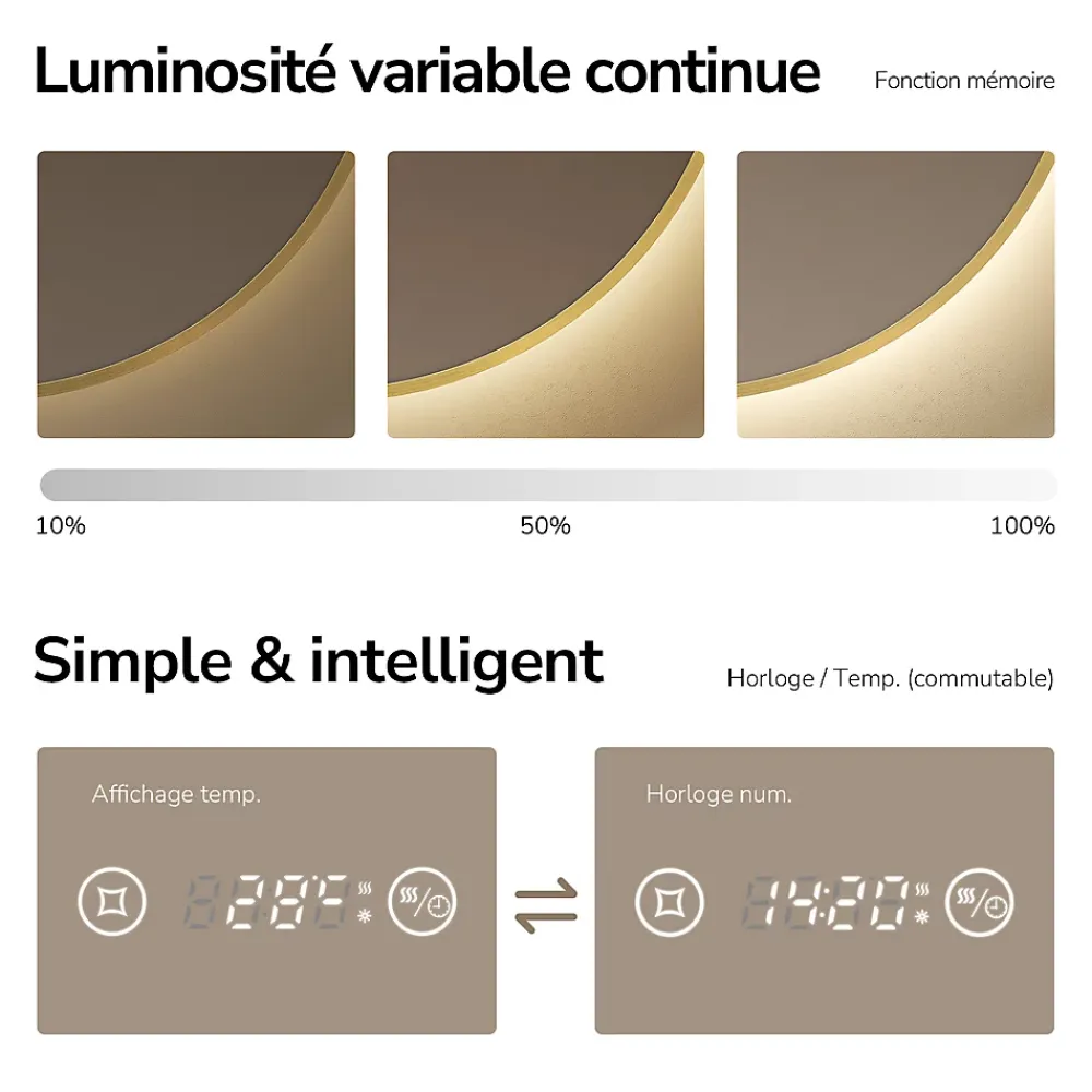 Miroir Lumineux|EMKE LED Miroir lumineux salle de bain rond 80cm Cadre Doré, Anti-buée, Horloge et Temperature, Lumière Neutre