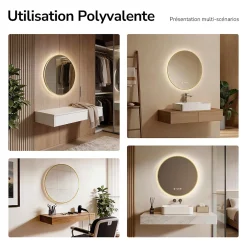 Miroir Lumineux|EMKE LED Miroir lumineux salle de bain rond 80cm Cadre Doré, Anti-buée, Horloge et Temperature, Lumière Neutre