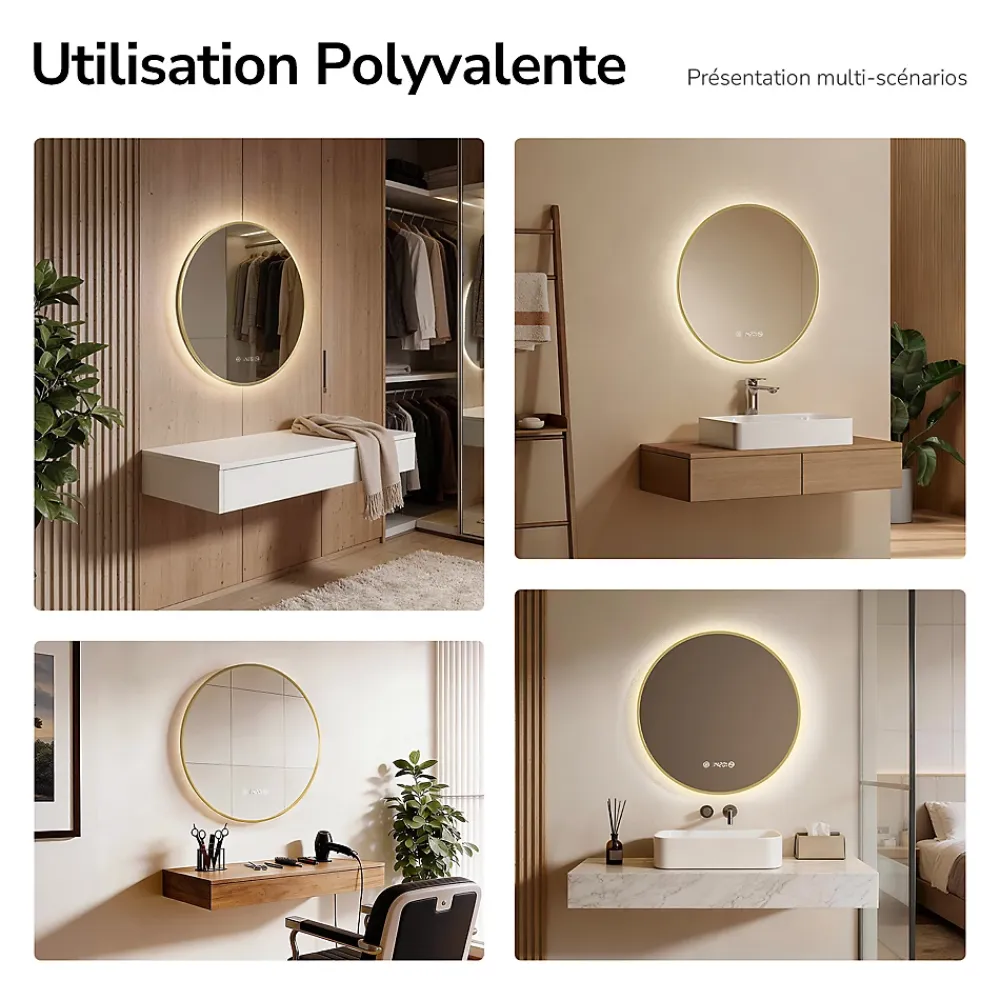 Miroir Lumineux|EMKE LED Miroir lumineux salle de bain rond 80cm Cadre Doré, Anti-buée, Horloge et Temperature, Lumière Neutre