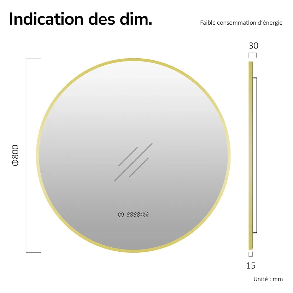 Miroir Lumineux|EMKE LED Miroir lumineux salle de bain rond 80cm Cadre Doré, Anti-buée, Horloge et Temperature, Lumière Neutre