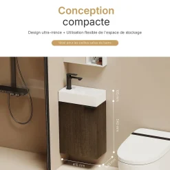EMKE Meuble de Salle de Bain Murale, Vasque Blanche, Finition Chêne Fumé, Étagère réglable, Portes Soft-Close, Design Moderne