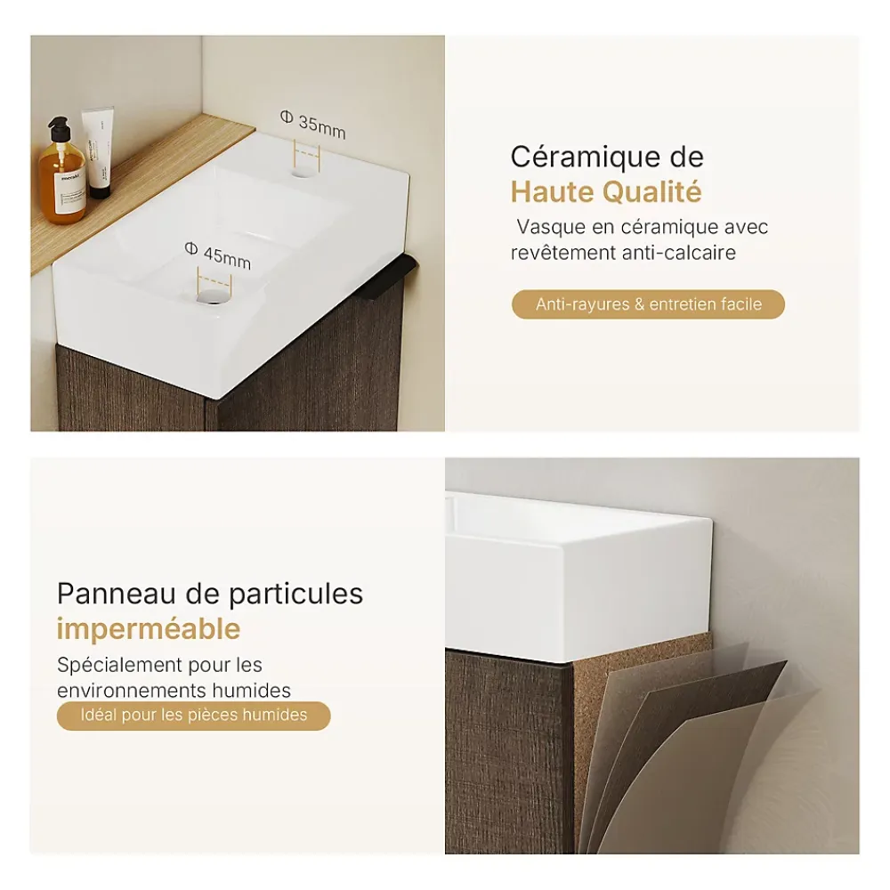 EMKE Meuble de Salle de Bain Murale, Vasque Blanche, Finition Chêne Fumé, Étagère réglable, Portes Soft-Close, Design Moderne