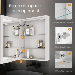 EMKE Meuble de Salle de Bain avec Miroir, Porte Soft-Close, LED Réglable, Prise USB, Anti-Buée, Charnière Gauche
