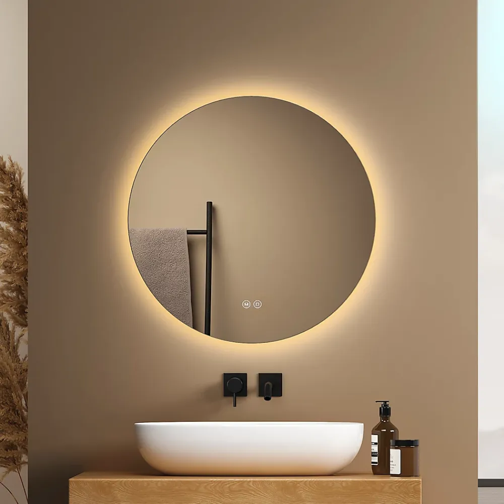 Miroir Lumineux|EMKE Miroir de Salle de Bain 50 cm Rond avec Éclairage LED, Dimmable, Touch Switch, 3 Lumière Couleurs, IP44