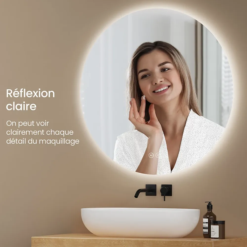Miroir Lumineux|EMKE Miroir de Salle de Bain 50 cm Rond avec Éclairage LED, Dimmable, Touch Switch, 3 Lumière Couleurs, IP44