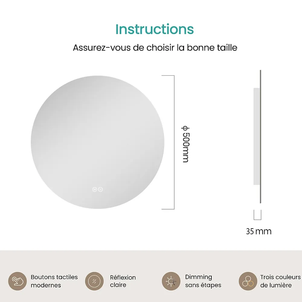 Miroir Lumineux|EMKE Miroir de Salle de Bain 50 cm Rond avec Éclairage LED, Dimmable, Touch Switch, 3 Lumière Couleurs, IP44