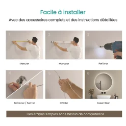 Miroir Lumineux|EMKE Miroir de Salle de Bain 50 cm Rond avec Éclairage LED, Dimmable, Touch Switch, 3 Lumière Couleurs, IP44
