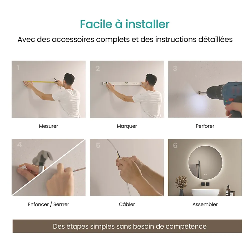 Miroir Lumineux|EMKE Miroir de Salle de Bain 50 cm Rond avec Éclairage LED, Dimmable, Touch Switch, 3 Lumière Couleurs, IP44