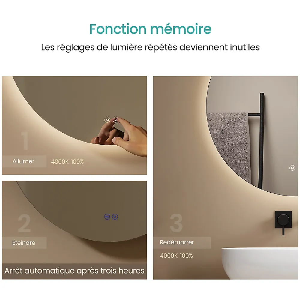 Miroir Lumineux|EMKE Miroir de Salle de Bain 50 cm Rond avec Éclairage LED, Dimmable, Touch Switch, 3 Lumière Couleurs, IP44