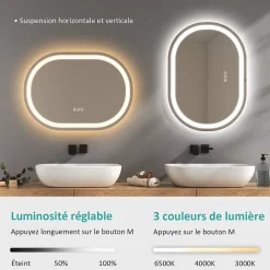 Miroir Lumineux|EMKE Miroir lumineux salle de bain ovale 80x60cm, Interrupteur Tactile, Anti-buée, LED éclairage Lumière Froide/Chaude/Neutre