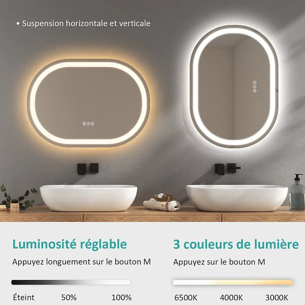 Miroir Lumineux|EMKE Miroir lumineux salle de bain ovale 80x60cm, Interrupteur Tactile, Anti-buée, LED éclairage Lumière Froide/Chaude/Neutre