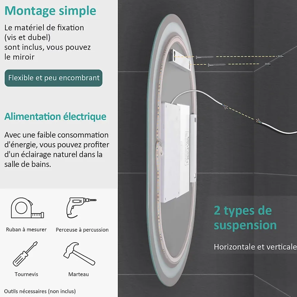 Miroir Lumineux|EMKE Miroir lumineux salle de bain ovale 80x60cm, Interrupteur Tactile, Anti-buée, LED éclairage Lumière Froide/Chaude/Neutre
