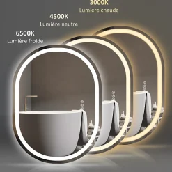 Miroir Lumineux|EMKE Miroir lumineux salle de bain ovale 80x60cm, Interrupteur Tactile, Anti-buée, LED éclairage Lumière Froide/Chaude/Neutre