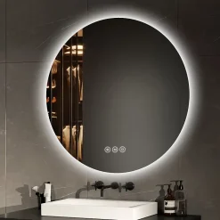 Miroir Lumineux|EMKE Miroir lumineux salle de bain rond 80cm, rétro-éclairage, Interrupteur Tactile, Anti-buée, LED Lumière Froide/Neutre/Chaude