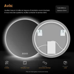 Miroir Lumineux|EMKE Miroir lumineux salle de bain rond 80cm, rétro-éclairage, Interrupteur Tactile, Anti-buée, LED Lumière Froide/Neutre/Chaude