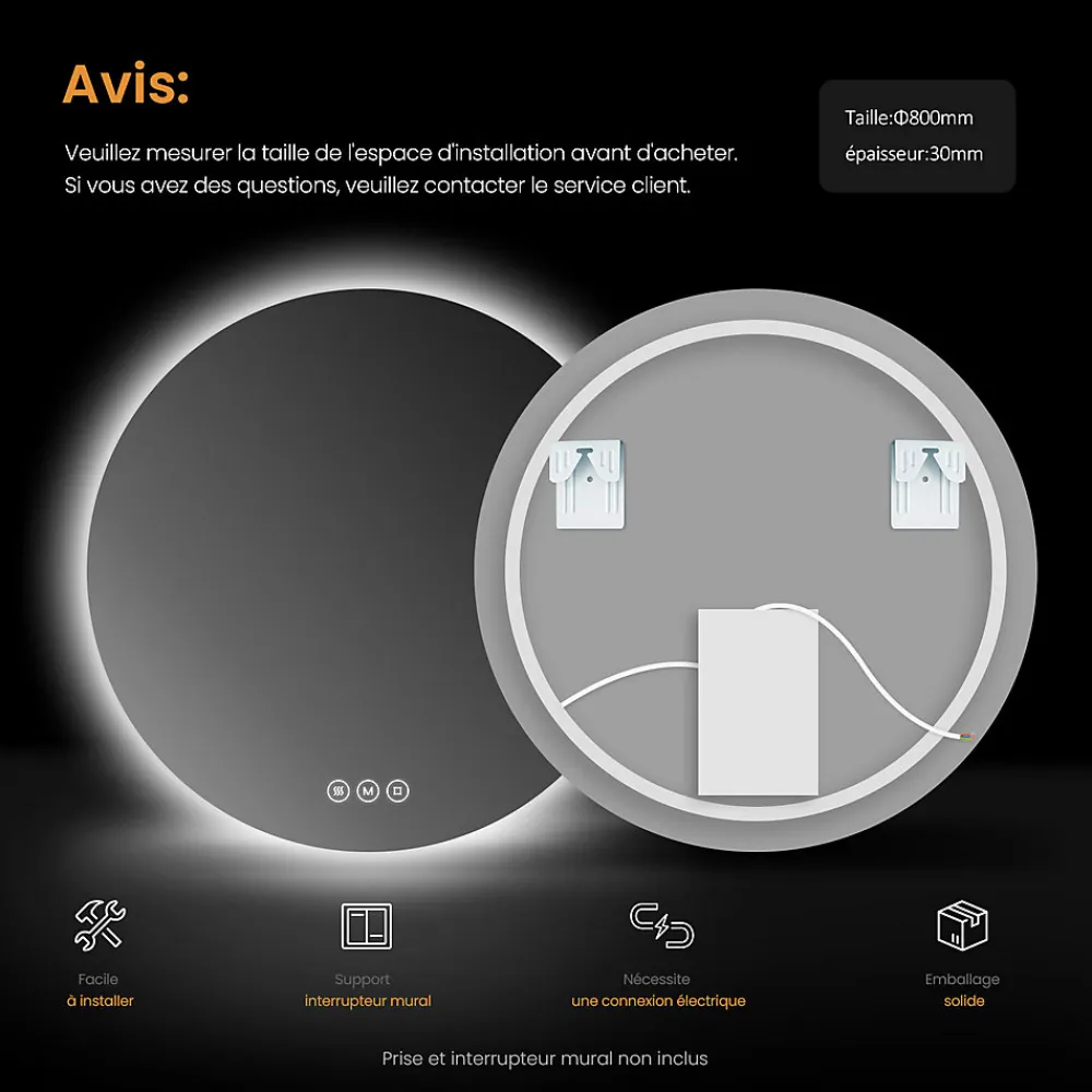 Miroir Lumineux|EMKE Miroir lumineux salle de bain rond 80cm, rétro-éclairage, Interrupteur Tactile, Anti-buée, LED Lumière Froide/Neutre/Chaude