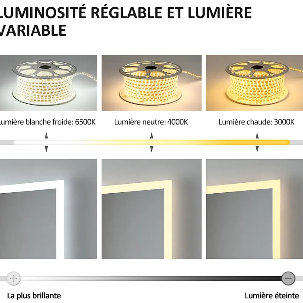Miroir Lumineux|EMKE Miroir lumineux salle de bain 100x60cm,Interrupteur Tactile,Anti-buée,3x Grossissement,Bluetooth,3 couleurs de LED Lumières