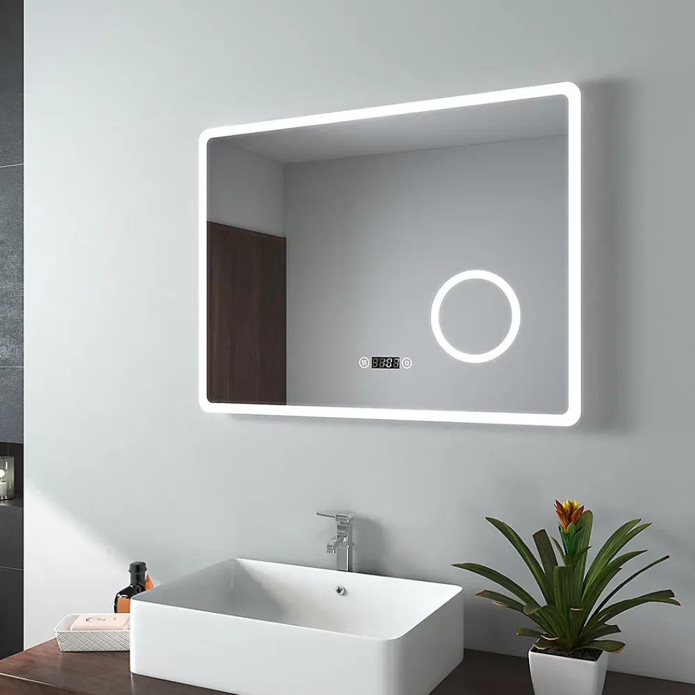 Miroir Lumineux|EMKE Miroir lumineux salle de bain 80x60cm,Interrupteur Tactile, Anti-buée, 3x Grossissement, Horloge,LED Lumière Blanche Froide