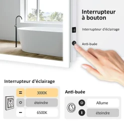 EMKE Miroir lumineux salle de bain 120x60cm, Miroir LED avec Interrupteur à bouton, Anti-buée, lumière Blanche Froide/Chaude