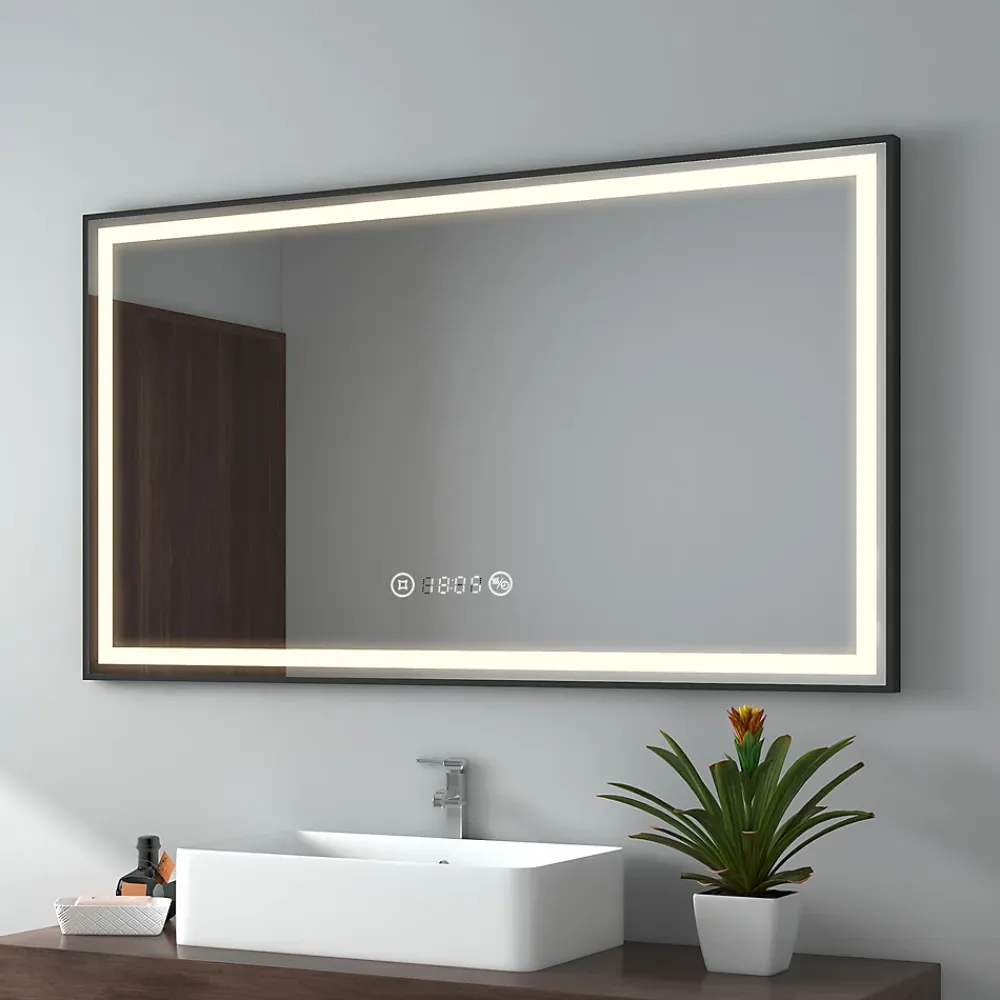 Miroir Lumineux|EMKE Miroir lumineux salle de bain 120x70cm,cadre noir,Interrupteur Tactile, Anti-buée, Horloge et Température, LED Lumière Neutre