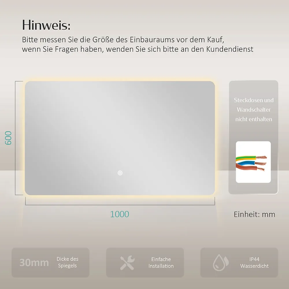 Miroir Lumineux|EMKE Miroir lumineux salle de bain Rétro-éclairage 100x60cm, avec Interrupteur Tactile, LED éclairage lumière Froide/Chaude/Neutre