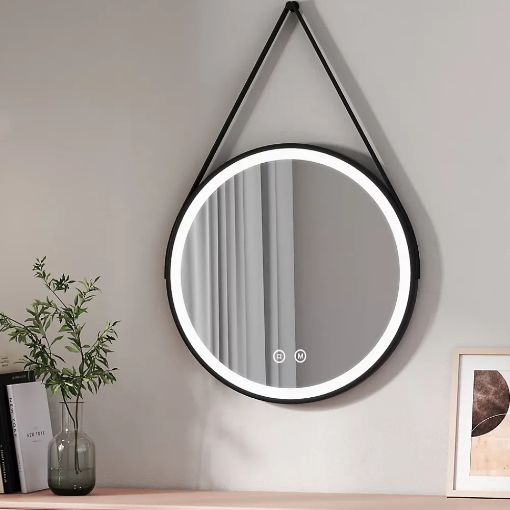 Miroir Lumineux|EMKE Miroir lumineux salle de bain rond 60cm cadre noir, Sangle réglable, Interrupteur Tactile, LED Lumière Froide/Chaude/Neutre